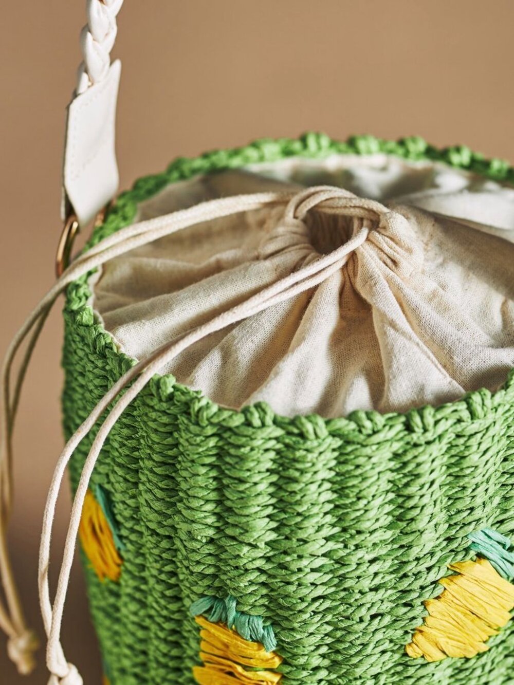 Anthropologie Green Lemon Raffia Woven Bucket Crossbody Bag - Picture 3 of 7